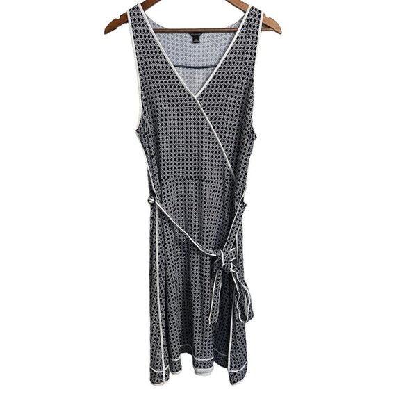 Ann Taylor Womens Black White Geometric Mod Print Sleeveless Belted Dress Large - Picture 1 of 7